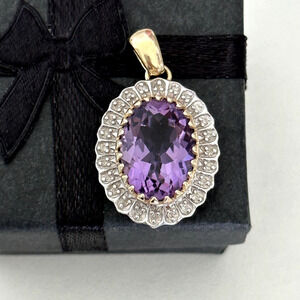 14K Solid Yellow Gold & White Gold Two Tone Amethyst Diamond Halo Oval Pendant